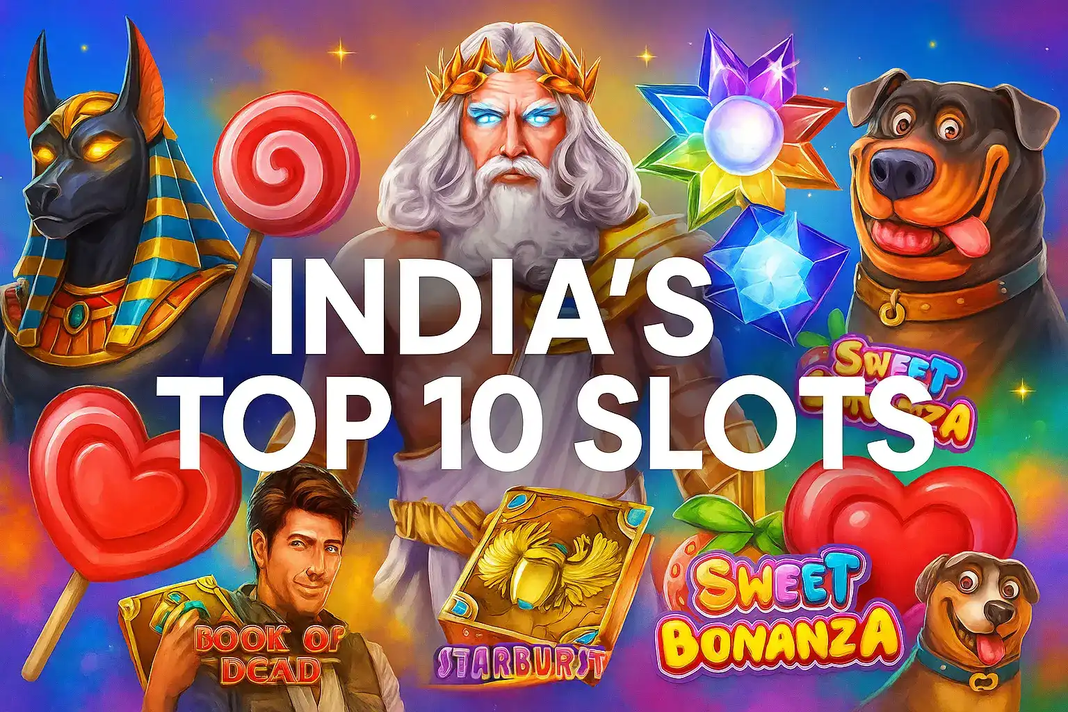 India's top 10 slot games featuring Anubis, Zeus, Sweet Bonanza dog mascot, Book of Dead explorer, Starburst gems, and colorful candy symbols