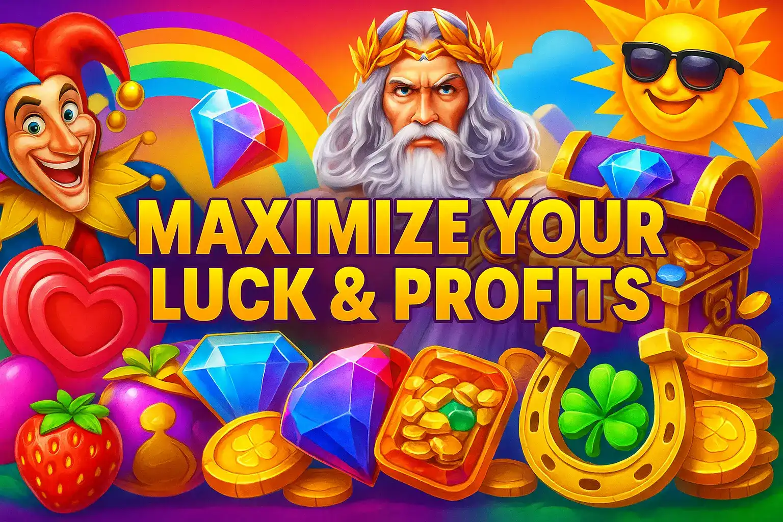 Maximize your luck and profits banner with jester, Zeus god, smiling sun, rainbow, treasure chest, diamonds, horseshoe, and lucky clover symbols