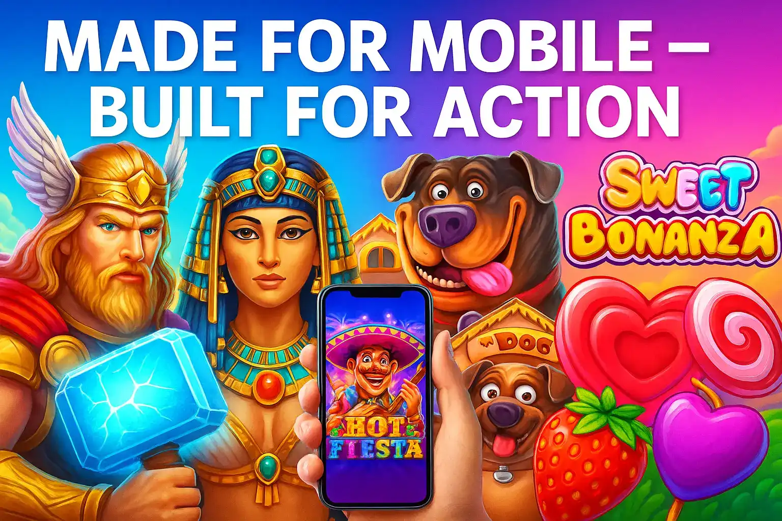 Mobile-optimized casino slots featuring Norse god, Egyptian queen, cute dogs, smartphone with Hot Fiesta game, and Sweet Bonanza candy symbols