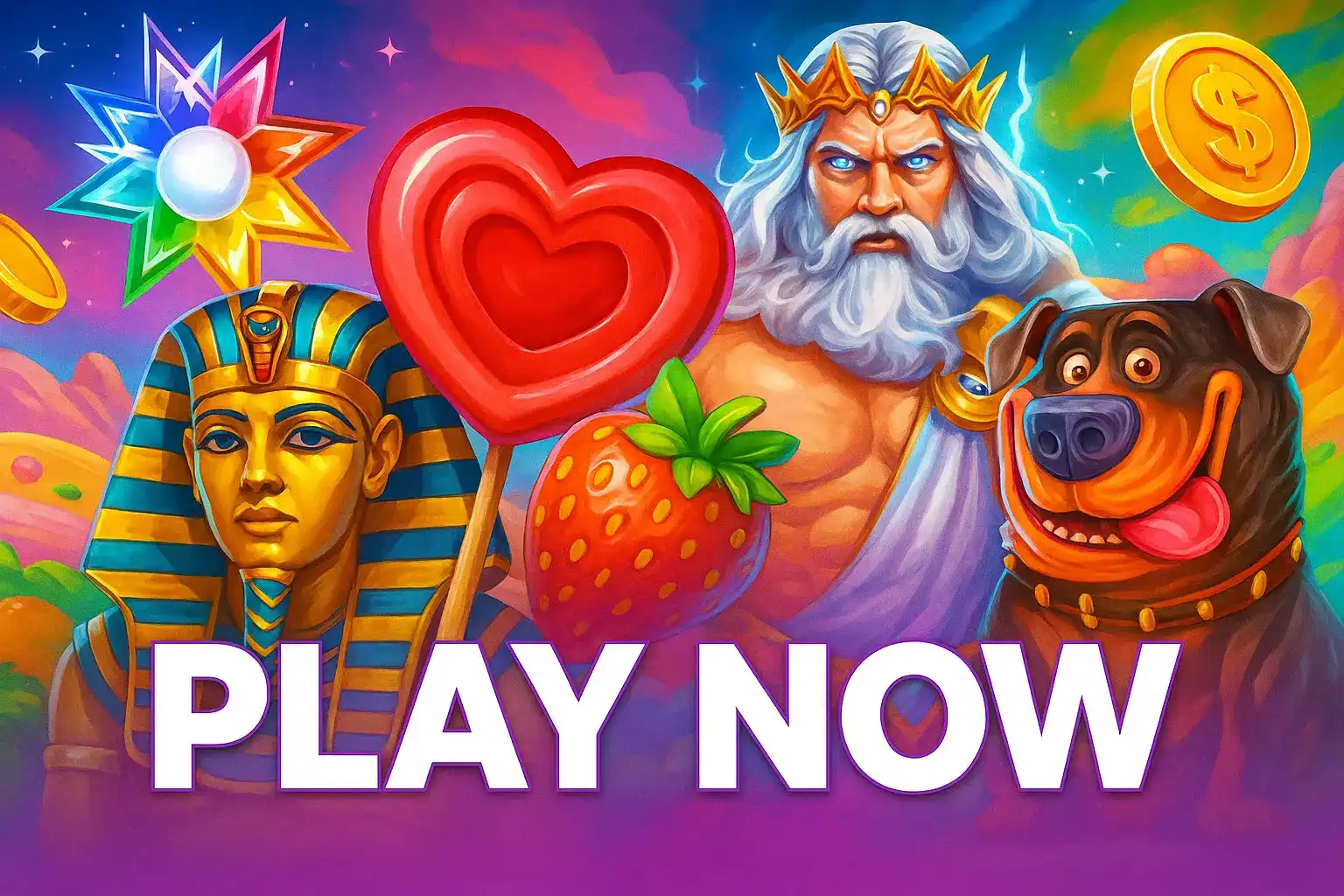 Play Now casino banner featuring Egyptian pharaoh, mighty Zeus, cheerful dog mascot, Starburst gem, heart symbol, strawberry, and golden coin