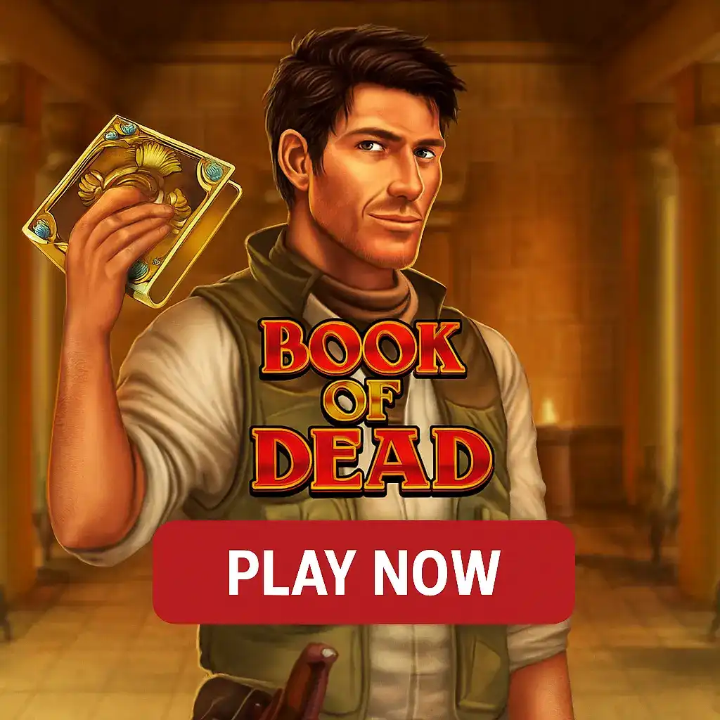 Book of Dead slot game featuring handsome explorer holding ancient Egyptian book with golden hieroglyphs in mysterious tomb setting
