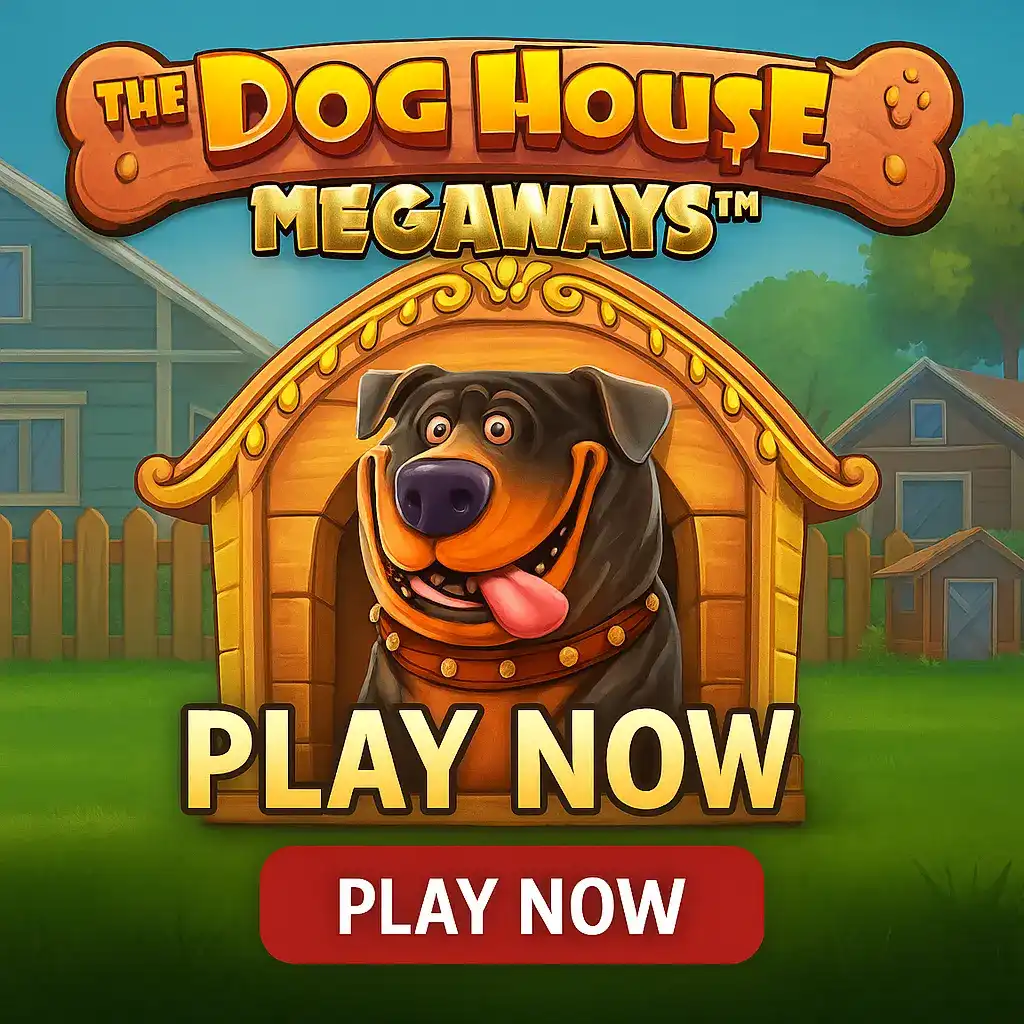 The Dog House Megaways slot featuring adorable brown dog with collar inside ornate golden doghouse in suburban neighborhood.