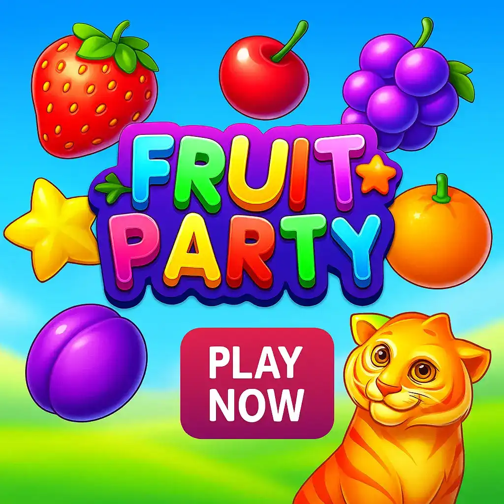 Fruit Party slot game with vibrant strawberry, cherry, grapes, orange, plum and golden cat mascot against cheerful blue-green gradient background