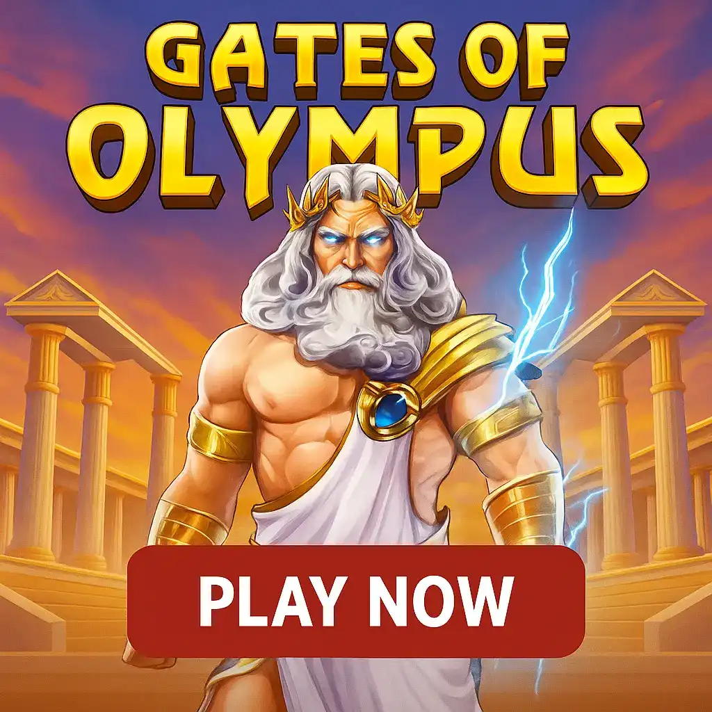 Gates of Olympus slot featuring mighty Zeus with lightning bolt and golden crown against ancient Greek temple columns at sunset