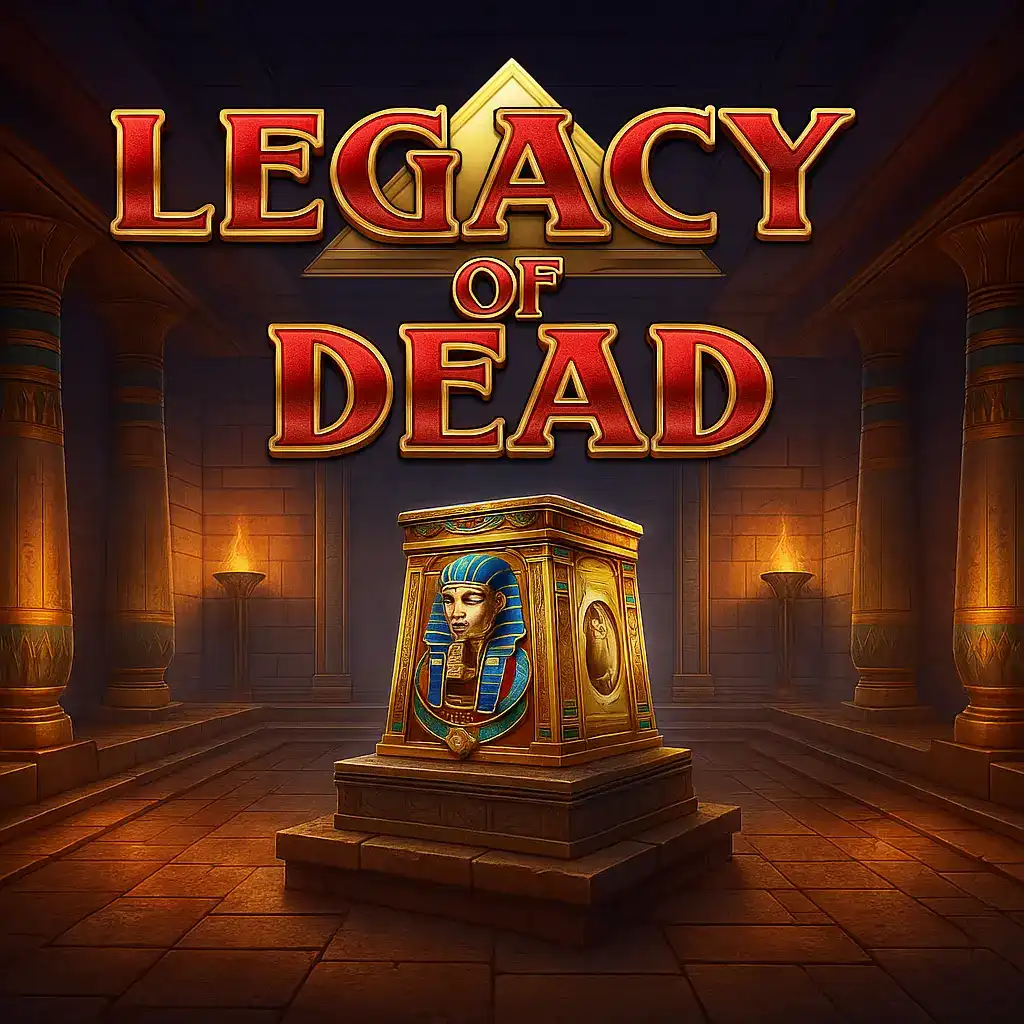 Legacy of Dead slot game showcasing ornate Egyptian sarcophagus with pharaoh face in atmospheric temple chamber with torches