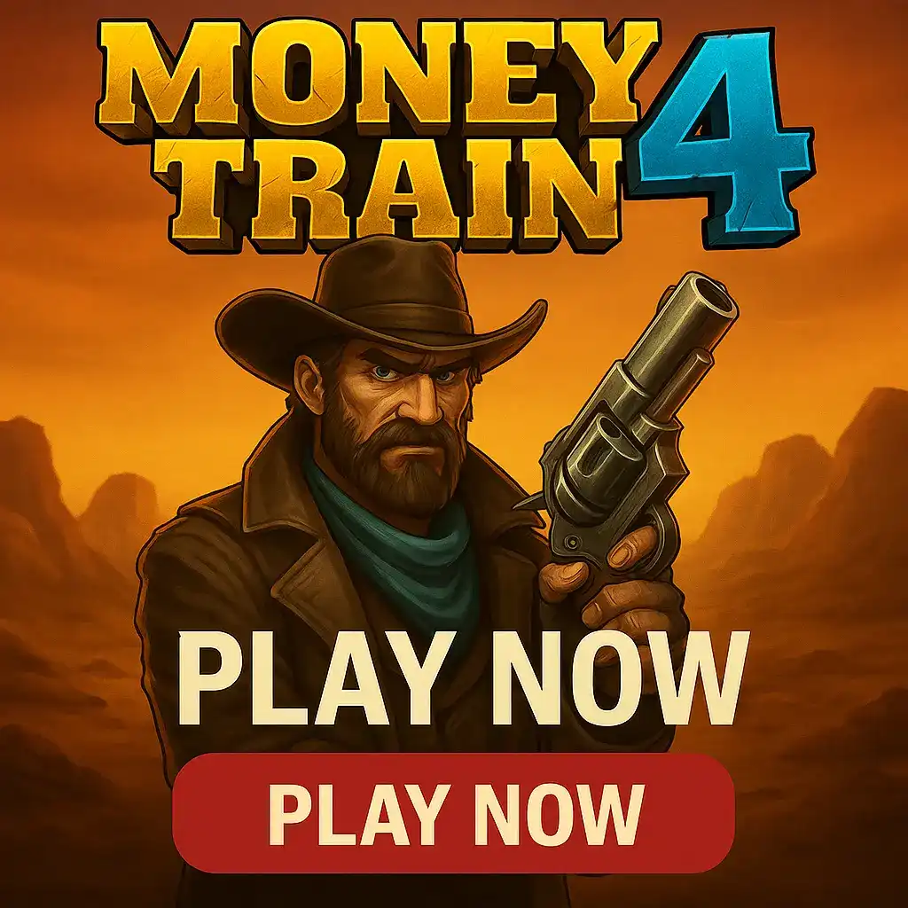 Money Train 4 slot featuring rugged cowboy gunslinger with revolver and black hat against orange desert sunset landscape