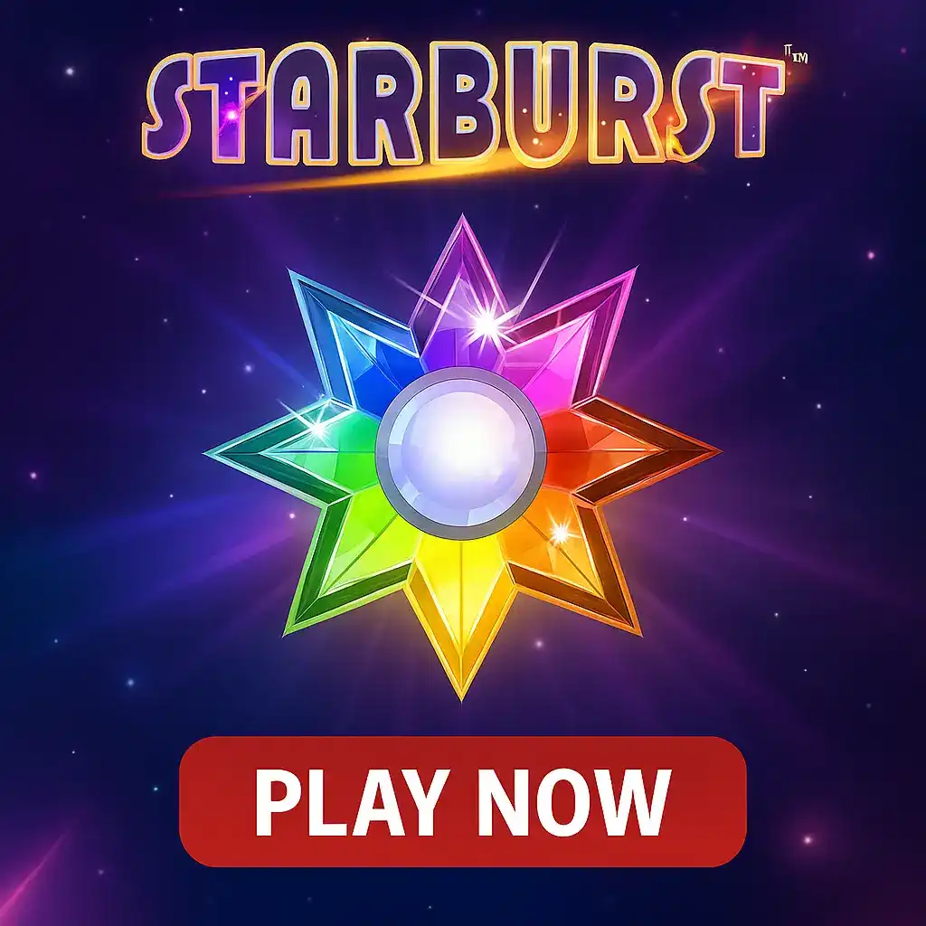 Starburst slot game displaying iconic colorful eight-pointed star gem with rainbow crystals against deep purple cosmic space background