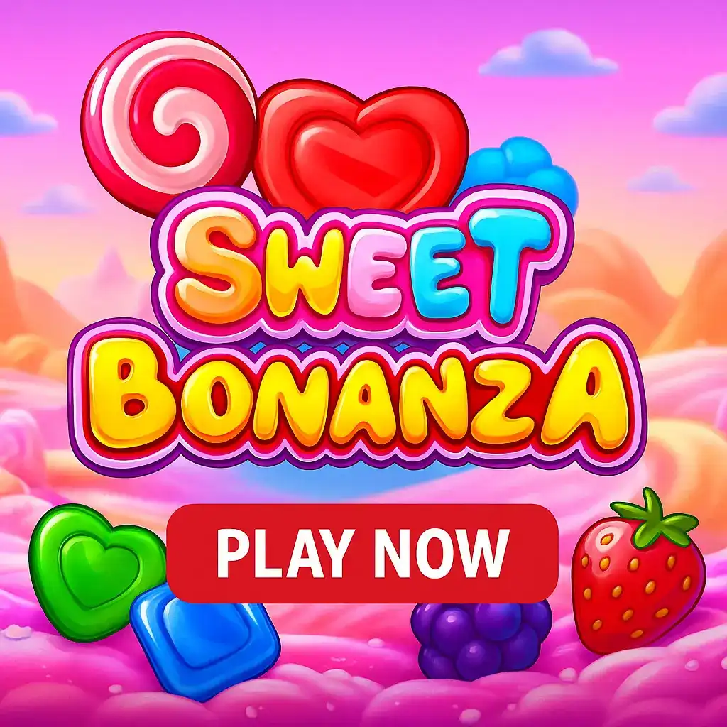 Sweet Bonanza slot with candy swirl, hearts, blue cotton candy and strawberry symbols floating in dreamy pink cotton candy clouds